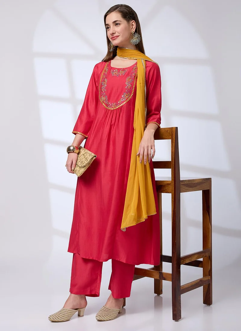 globus Globus Women Red Floral Embroidered Yoke Mirror Work Pleated A-Line Kurta With Pants & Sequinned Taping Dupatta Festive Set